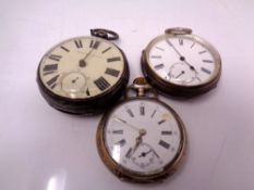 Two silver open faced pocket watches together with a fob watch
