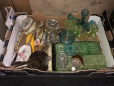 A box of petit point dressing table items,