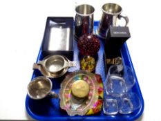 A tray containing boxed pewter hip flask, tankard, glass paperweights,