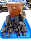 A tray of three pairs of binoculars to include Aloma Tokyo 20 x 55 Falcon field glasses,