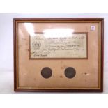 A Newark bank £1 note dated 1808 framed together with two further coins