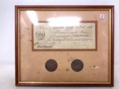 A Newark bank £1 note dated 1808 framed together with two further coins