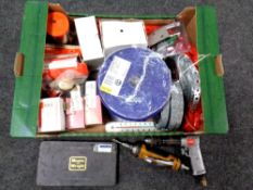 A box of tools, precision gauge, rawl plugs, spool of rope,