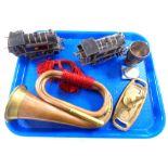 A tray of two tin plated locomotives, copper and brass bugle, plated mug,