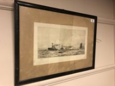 William Lionel Wyllie (1851-1931) : Atlantic Fleet Coming into Portsmouth Harbour, drypoint etching,