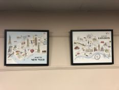 After Alice Tait : Map of London and Map of New York, a pair of colour prints, each 39 cm x 49 cm,