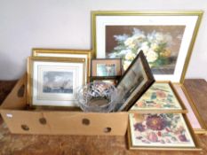 A box of pictures and prints, 19th century hand coloured engravings etc, cut glass fruit bowl.