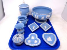 A tray of Wedgwood blue and white Jasperware, fruit bowl, lidded pot,