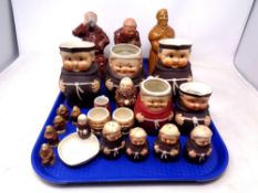 A tray of West German Goebel figures of monks including character jugs,