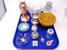 A tray of Oriental ceramics including Japanese Kutani vases, Chinese celadon vase,