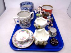 A tray of 19th century blue and white tankard, further tankards, tea cup and saucer,