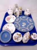A tray of two Wedgwood Jasperware plates, Aynsley trinket boxes,