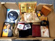 A box of Art Deco mantel clock, cased cards, dominoes, trench art ammunition shell tankard, darts,