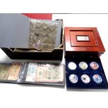 A box of commemorative coins, folder containing world bank notes, Nigeria, Turkey etc,