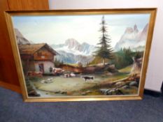 A continental school oil on canvas depicting an Alpine farm signed J M Jensen