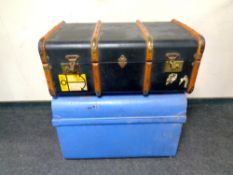 A tin trunk together with a bentwood shipping trunk
