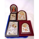 A tray of five reproduction religious icons