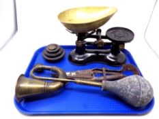 A tray of antique scales, pair of shears,