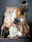 A box of drinking glasses, glass paperweight and ornaments,
