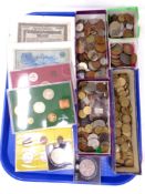 A tray of commemorative crowns, British pre decimal coin proof sets, framed German banknotes,