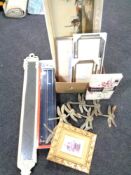 A box of picture frames, quilt cover set, contemporary mirror,
