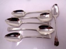 Six various silver teaspoons