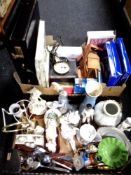 Two boxes of briefcase, bedding set, cutlery, ceramics,