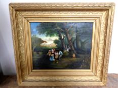 19th century School : Family beneath trees on a rural path, oil on board,