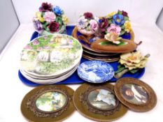 A tray of assorted collector's plates, china flower posies,