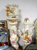 A continental glazed pottery floral decorated jardiniere and planter together with oversized teapot