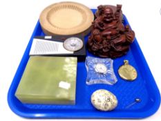 A tray of carved hardwood figure group of Buddha, Onyx cigarette box, Edinburgh crystal clock,