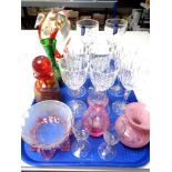A tray of glass ware including Stuart crystal wine glasses, Italian glass fish ornament,