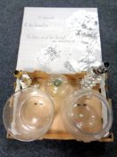 A box containing silver plated lamp base, glass lamp base, two glass bowls,