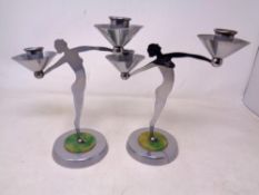 A pair of Art Deco style metal twin branch candelabra made in a munitions factory during WWII
