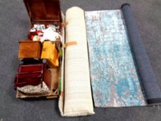 Two contemporary rugs together with box containing storage boxes and footstool containing sewing