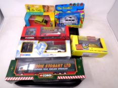 A tray of boxed die cast vehicles including Corgi Eddie Stobart Scania trailer,