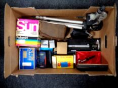 A box of microscope, camera tripod, Kodak box camera, accessories,