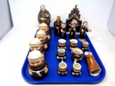 A tray of West German Goebel monk character jugs,