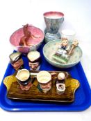 A tray of character jugs including Royal Doulton, Maling bowl,