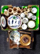 Two boxes of collector's plates, English pottery part tea set,