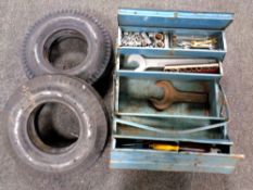 A concertina metal tool box containing hand tools,