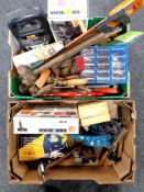 Two boxes of assorted hand tools, hand saws, power tools,