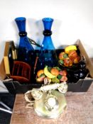 A box of blue glass vases, letter stand, brass ware,