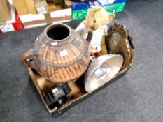 A box of vintage mohair teddy bear, twin handled pottery vase, pendant light fitting,