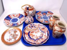 A tray of Japanese Imari export china, pair of baluster vases,