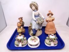 A tray of assorted figures including Coalport, Nadal and Goebel,