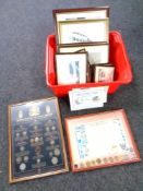 A box of pictures and prints, montage of historic coins of Great Britain,