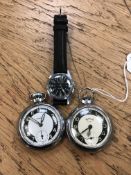 Two mid century chrome plated pocket watches together with a Sekonda wrist watch on black leather