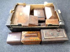 A box of 19th century trinket boxes and caddies