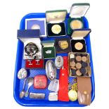 A tray of lighters including Ronson, wooden draughts counters, modern pocket watch,